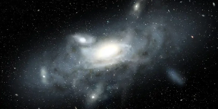 An artist’s impression of our Milky Way Galaxy in its youth. The Sparkler galaxy provides a snap-shot of an infant Milky Way as it accretes mass over cosmic time. Image credit: James Josephides, Swinburne University.